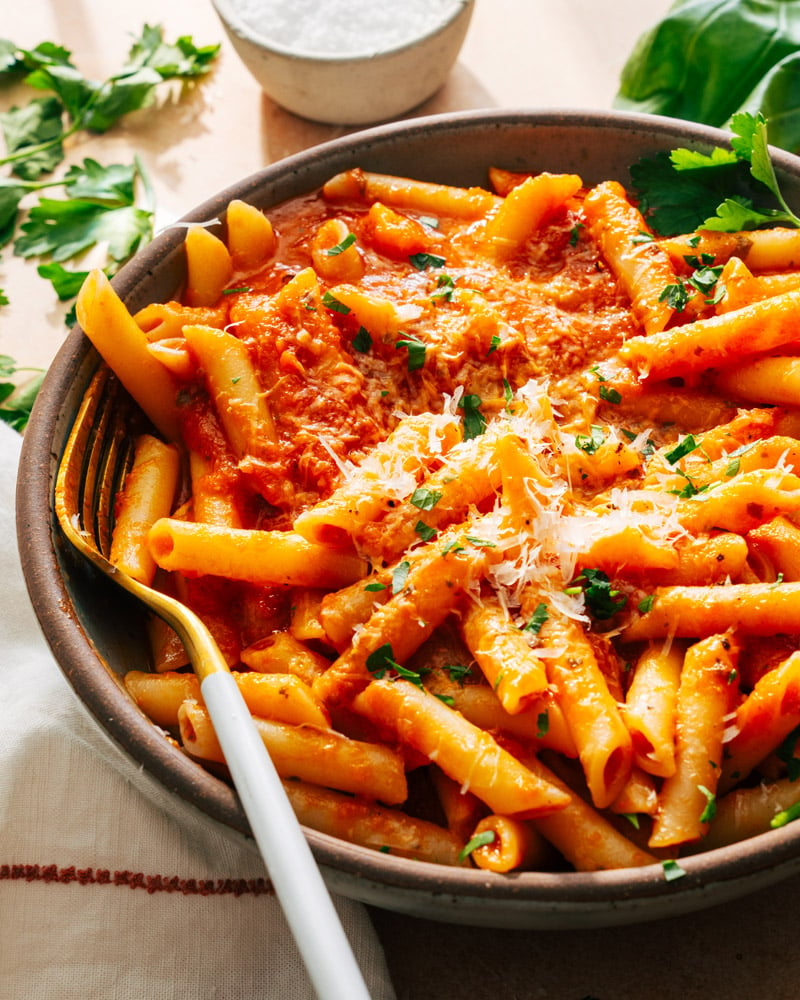 Pasta recipes for dinner, penne pasta in a bowl with red sauce